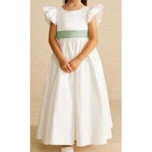 Azazie Aero Ivory Dusty Sage A Line Pleated Cotton Dress Girls Size 8 NWT